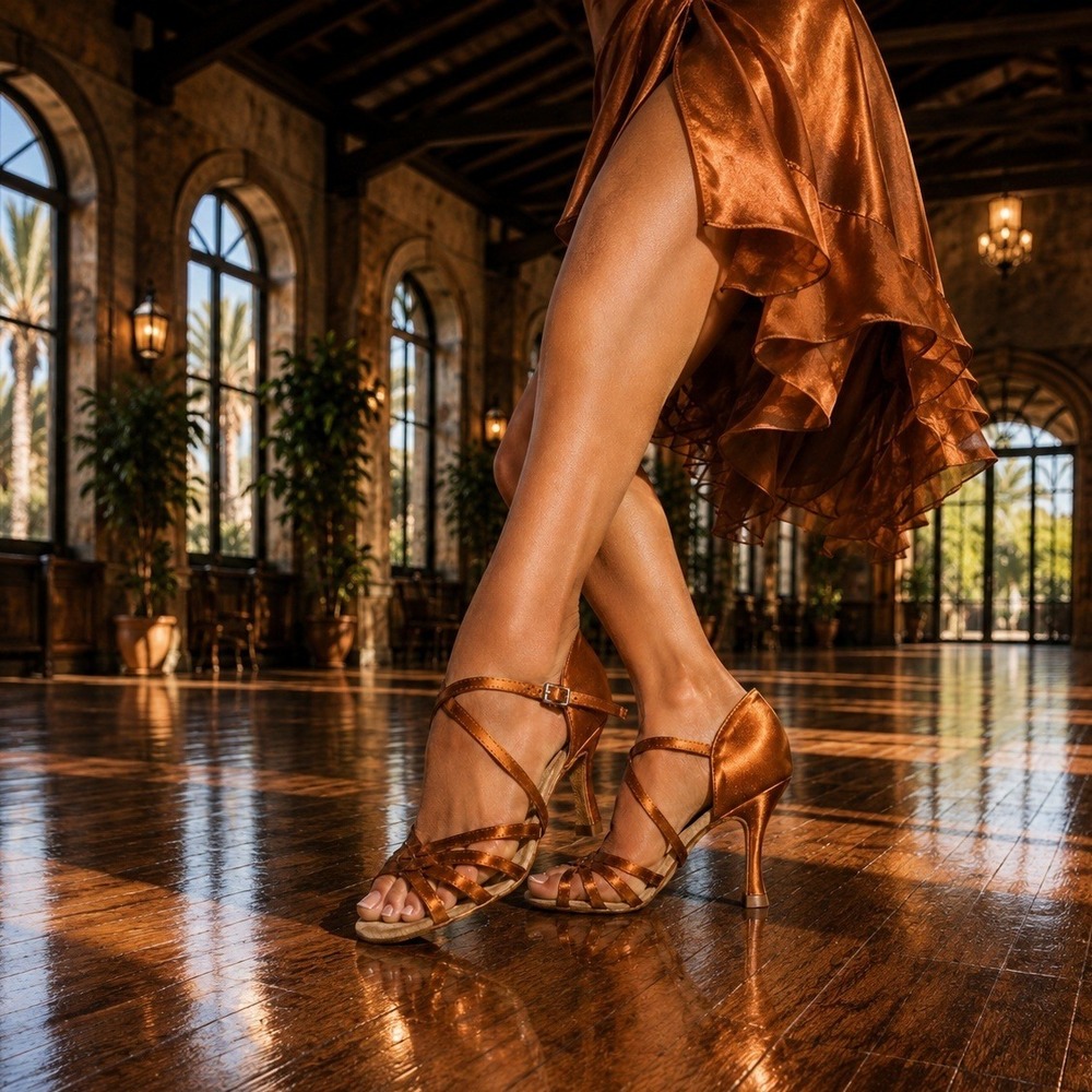 Very Fine C1606 Vegan Latin Ballroom Dance Shoes Copper Tan Satin US 8